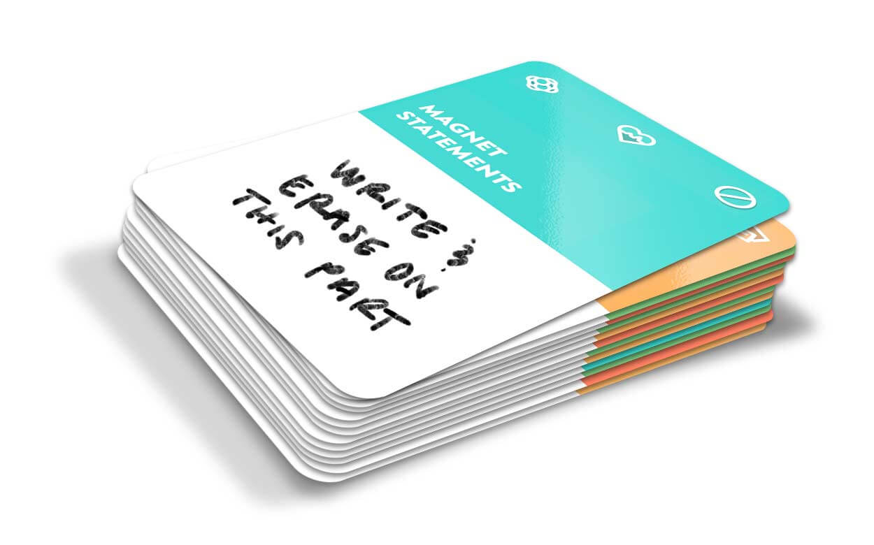 A stack of facilitator cards with Magnet Statements top